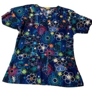 Wonderwink XS Floral Print V-Neck Scrub Top 100% Cotton Blue Multicolor